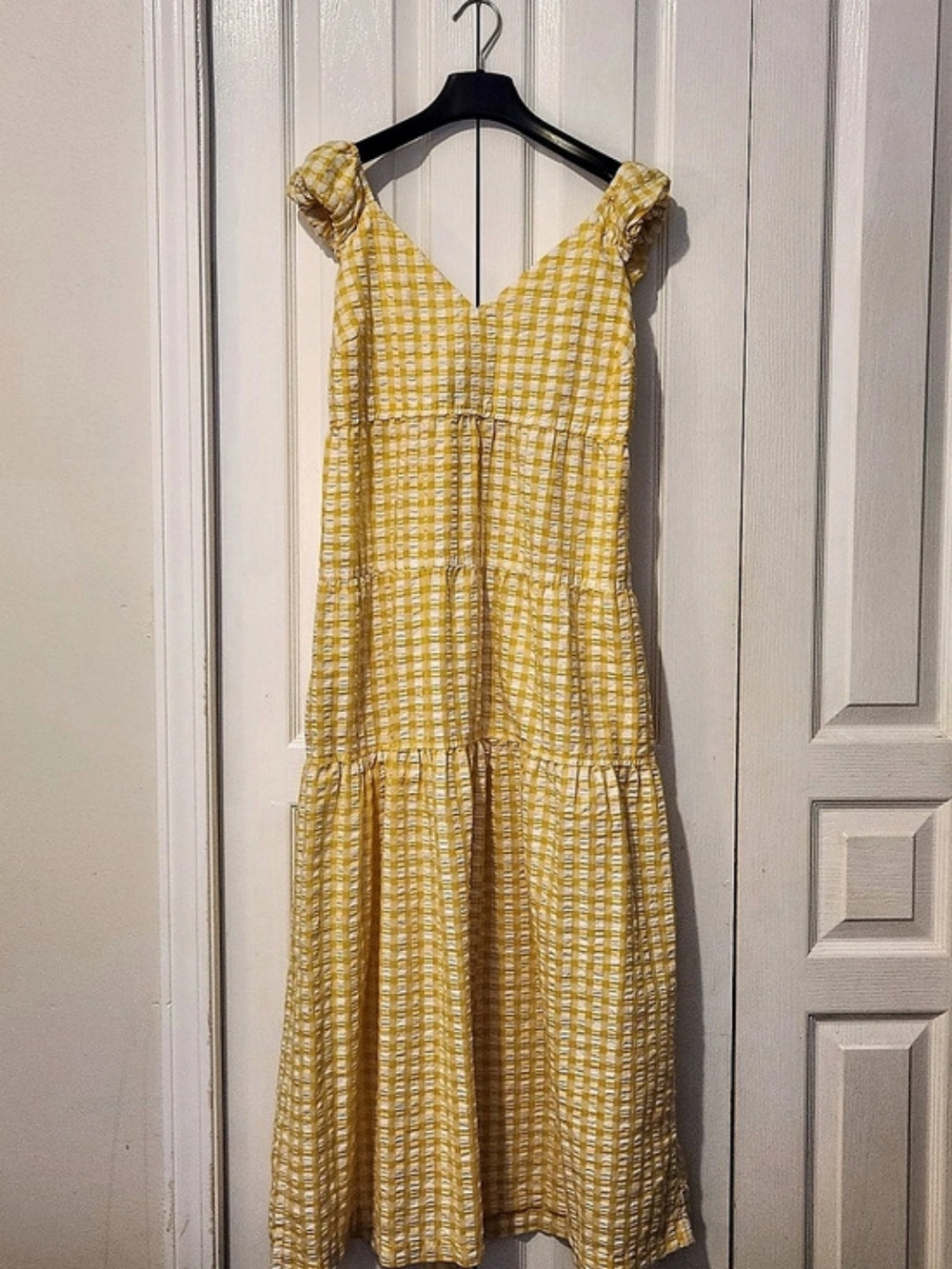 Old Navy Cotton Tiered Gingham Midi Dress in Yellow & White Size M